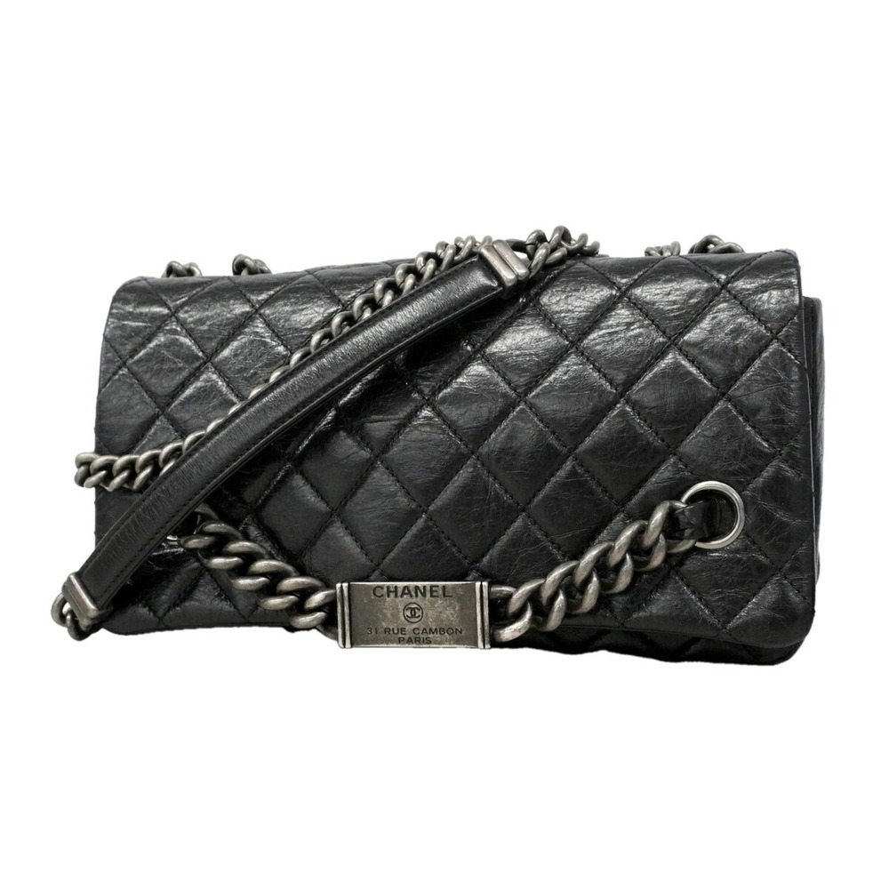 Chanel Shoulder Bag, Double Chain, Rue Cambon, Calfskin, Black, Women's, OP02...